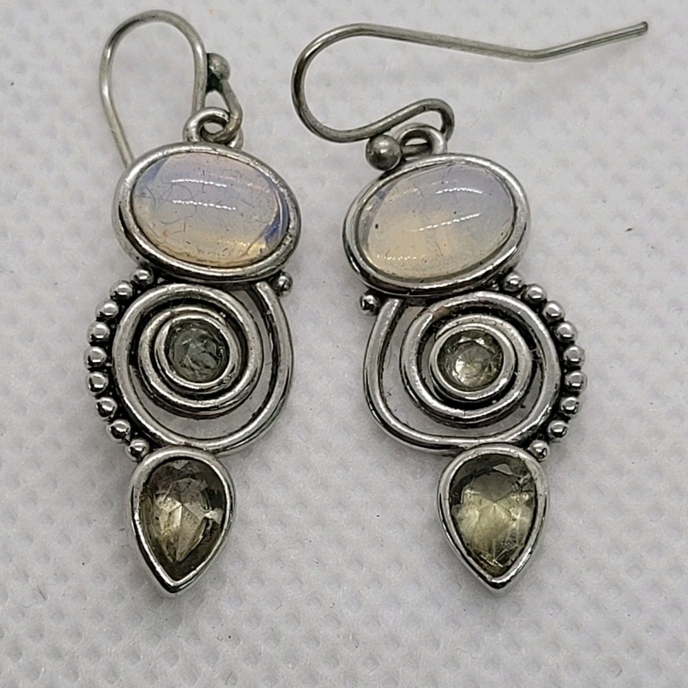 925 Sterling Silver Opalite Prasiolite Dangle Earrings Artisan Statement